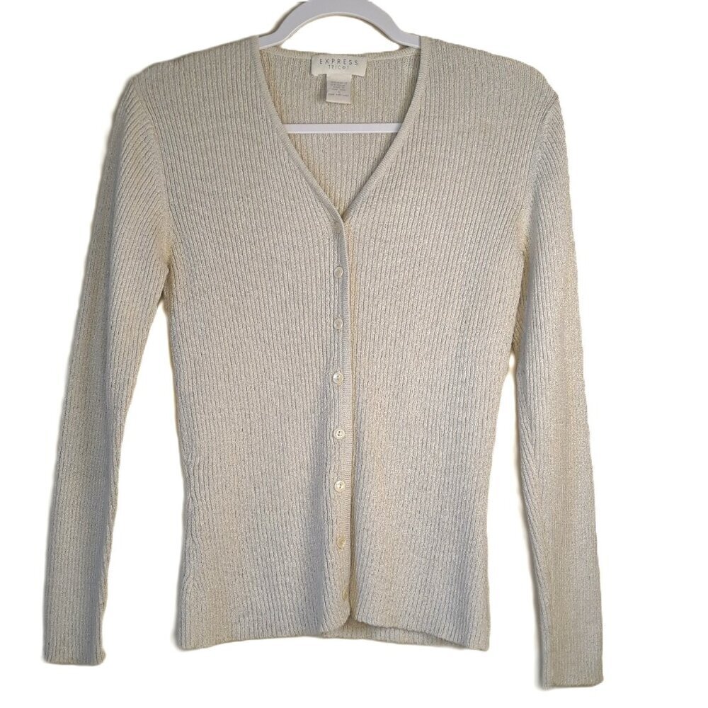 Vtg 80s Express Tricot Beige V-Neck Button Ribbed Knit Cardigan S